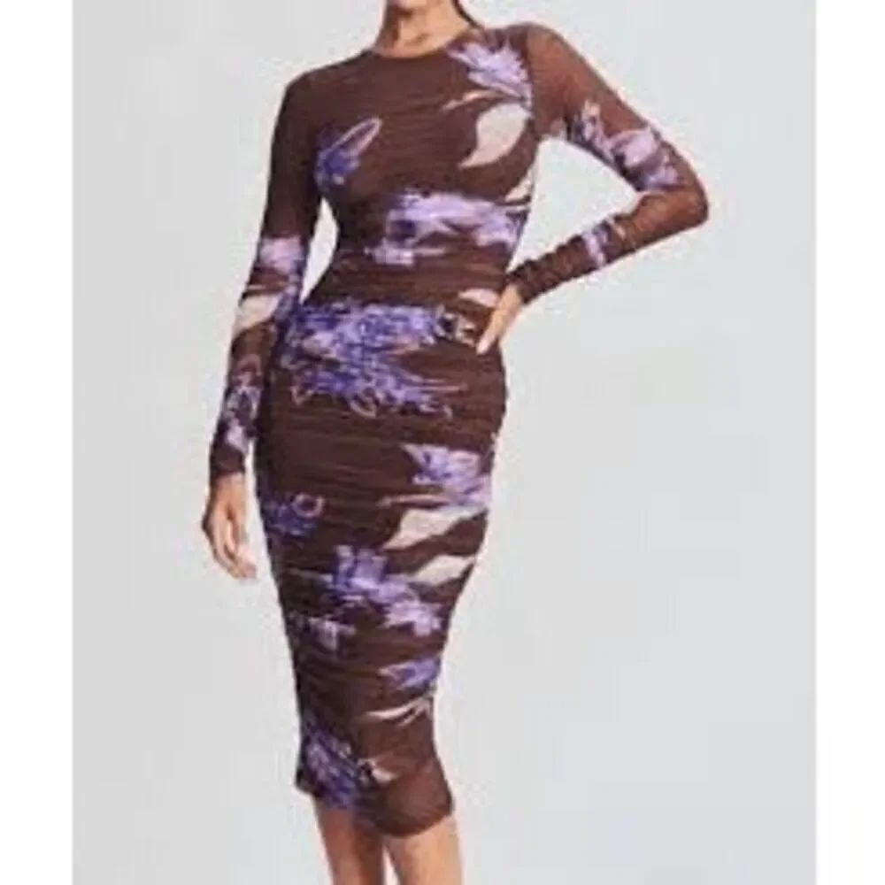 Rococo Sand Brown Purple Shay Long Sleeve Ruched Mesh Floral Midi Dress Large